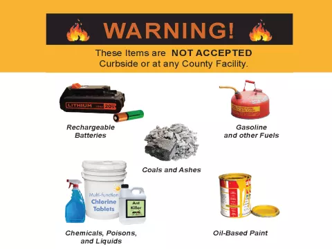 Warning items infographic: This sign warns that hazardous items such as rechargeable batteries, gasoline, chemicals, and oil-based paint are not accepted at curbside or county facilities.